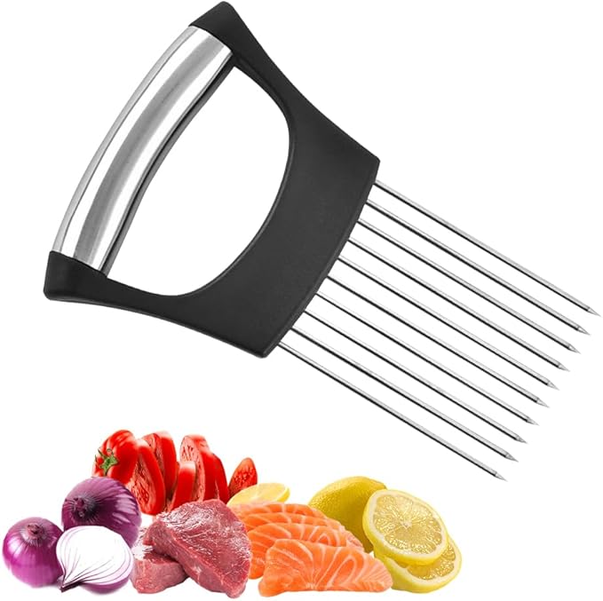 Stainless Steel Onion Slice Holder, 2025 Upgraded Vegetable Slicer Cutter, Multifunctional Lemon Tomato Potato Meat Chopper Slicing Assistant Kitchen Tool (1)