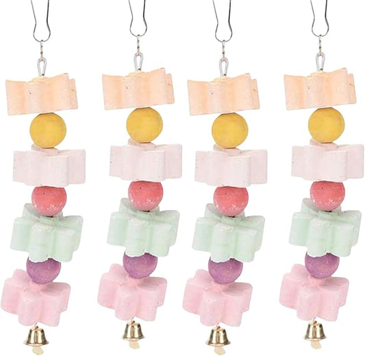 4Pieces Parrot Beak Trimmer Bird Beak Grinding Stone Teeth Lava Block Mineral Calcium Rock Chewing Toys with Bell for Parakeet Conure Budgies Rabbit Chinchilla Hamster