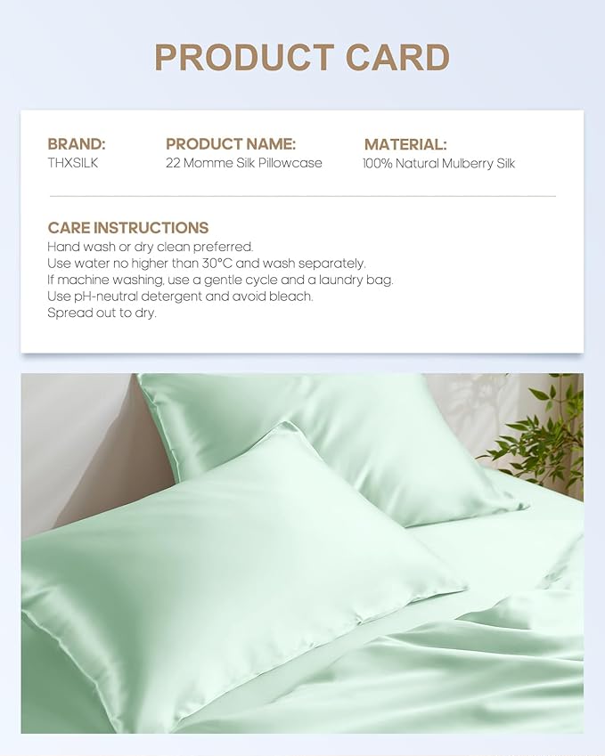 THXSILK 100% Mulberry Silk Pillowcase for Hair and Skin, 22 Momme Grade 6A+ Mulberry Silk Pillow Case, Natural Silk Pillow Case Cover with Zipper, 1pc(California King Size 20"x40", Turquoise Green)