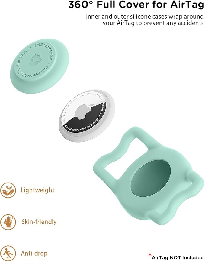 IP68 Waterpoof Dog Airtag Holder, Stretchy Silicone Full Body Covered Apple Air Tag Holder for Dog Cat Collar Fit All Width Collar (Green/Pink, 2 Pack)
