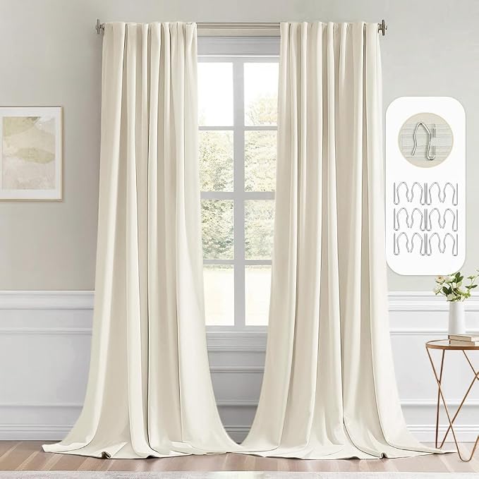 MIULEE Beige White Back Tab Blackout Curtains 120 Inch Long 2 Panels Set
