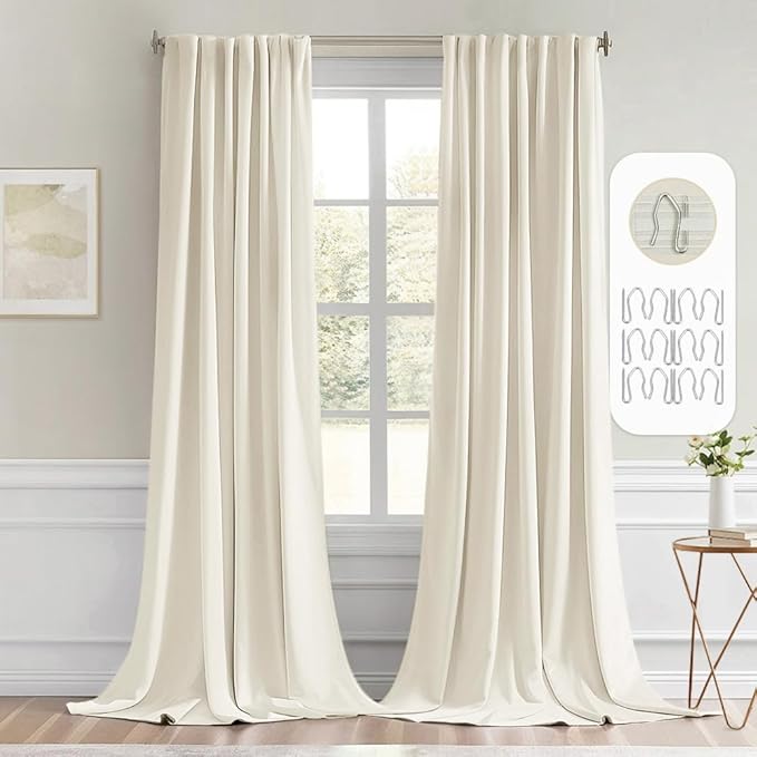 MIULEE Beige White Back Tab Blackout Curtains 108 Inch Long 2 Panels Set