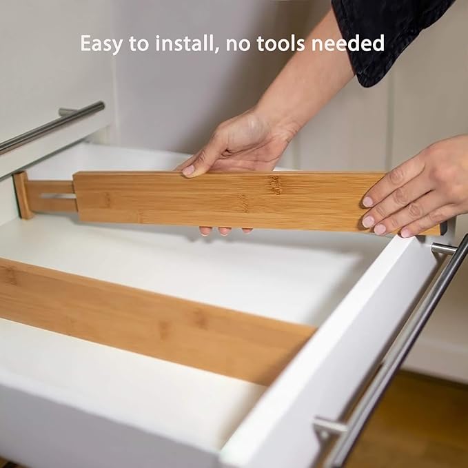 Fabsome Drawer Divider 6 Pack, Bamboo Kitchen Dividers Organizers Adjustable 17''-22'', Wooden Dresser Separators for Nursery Organization Clothes Socks Underwear Baby Clothing, with Soft Foam Ends