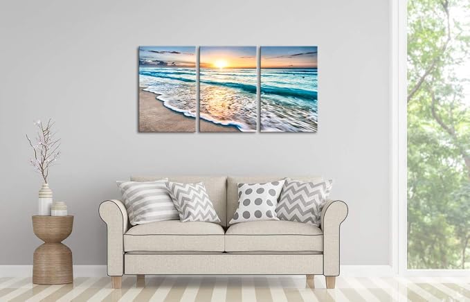 Wieco Art 3 Panels Blue Beach Sunrise White Wave Pictures on Canvas Wall Art