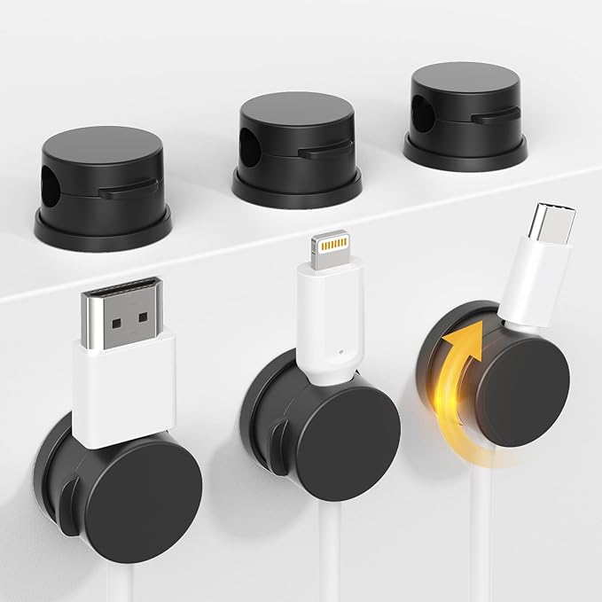 Inchor Cord Holder, Swiveling Cord Organizer, Magnetic Cable Clips for Desk, 6 Pack Cable Organizer for Nightstand, Adhesive Cable Holder Cable Management Clips for Car Home Office (Black)