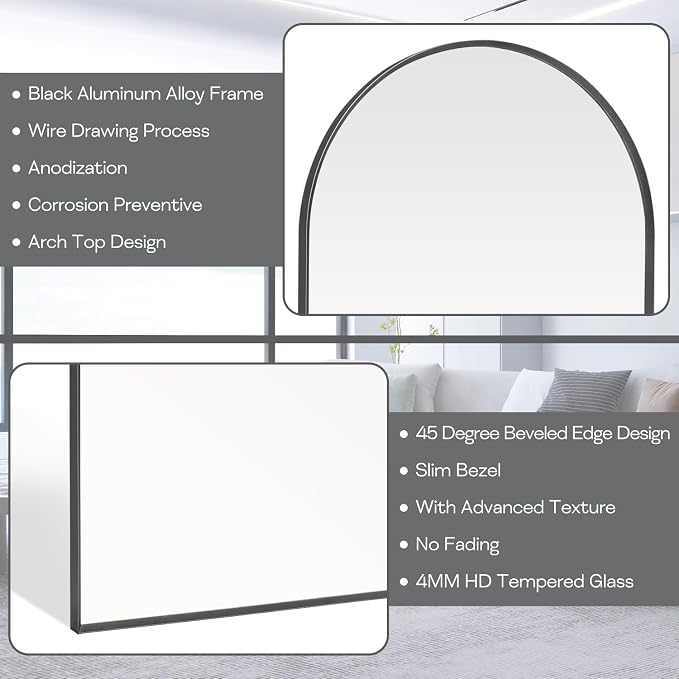 30" x 48" Black Arched Mirror, Arch Wall Mirror, Metal Frame Black Bathroom