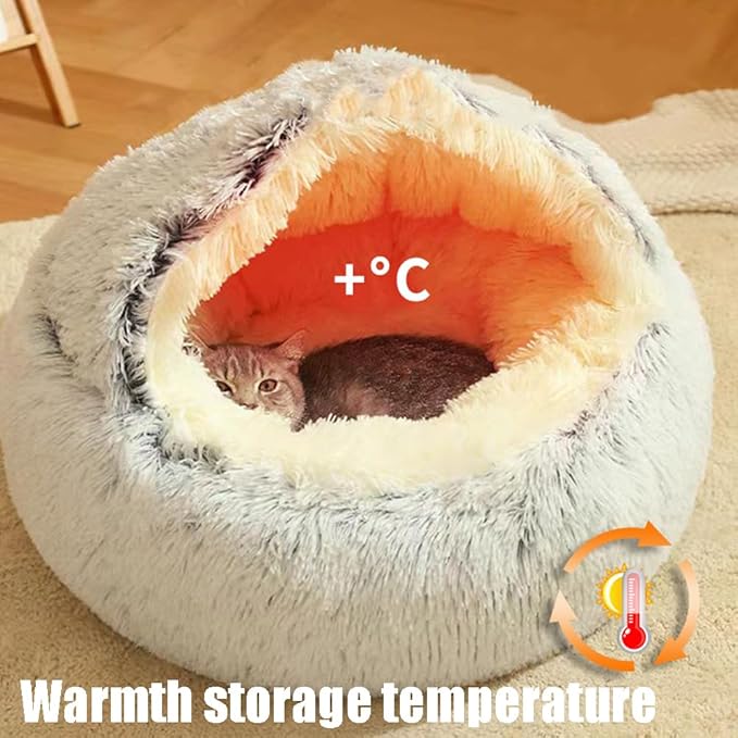 Plush Fluffy Dog and Cats Round Bed, Ultra-Soft Plush with Raised Rim, Non-Slip Bottom, Plush Cat Bed with A Cover, for Small Dogs and Cats (Gray, Small)