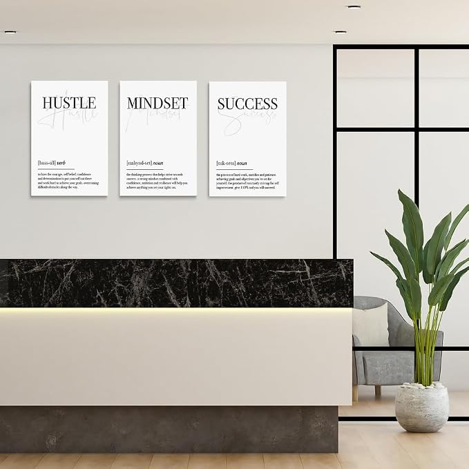 GUBIYU Hustle Mindset Success Wall Art Set of 3 Framed Canvas Black and White