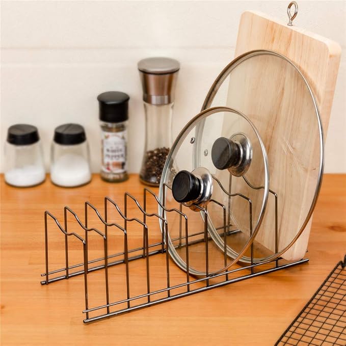 SANNO Pot Lid Organizer, Kitchen Plate Rack Holder Rest, Plates, Cutting Boards Bakeware, Cooling, Pots & Pans, Serving Trays,Lids Holder Rack,Nickel,Set of 2