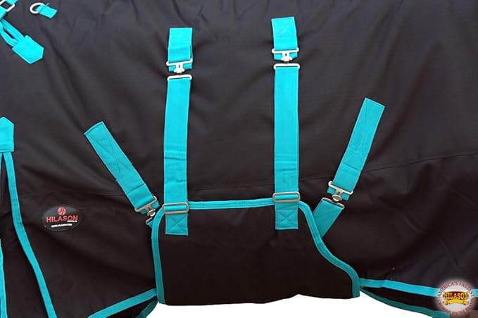 Black with Turquoise Trims 75 inch HILASON 1200D Winter Waterproof Poly Horse Turnout Blanket Belly Wrap
