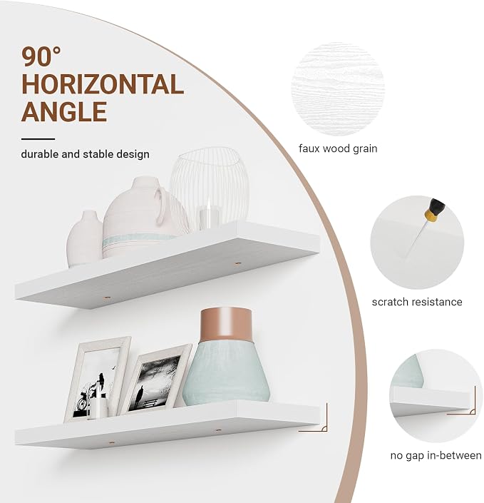 40 Inches Floating Shelves for Wall, 9.3" Deep White Long Floating Shelves Set