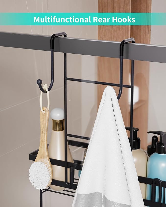 HapiRm Hanging Shower Caddy Over the Door with 14 Hooks and Soap Holder, No Drilling Adhesive Shower Storage, Rustproof & Waterproof Stainless Steel Bathroom Shelves - Black