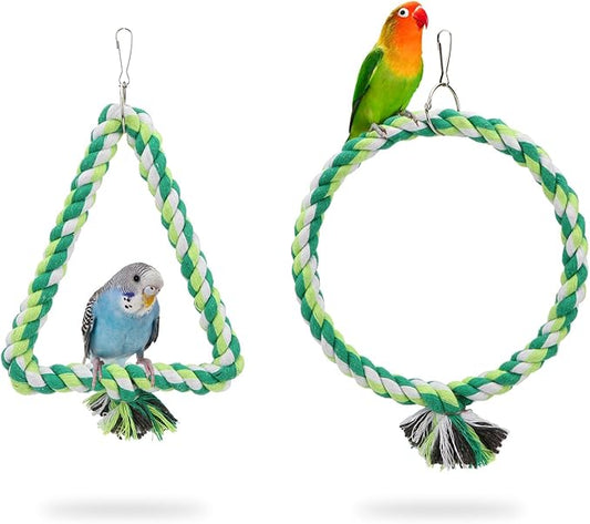 Wontee Bird Swing Bird Rope Perch Parrot Climbing Stand for Parakeets Budgies Cockatiel Conure Quaker Caique (S(5.9IN, 7.1IN))