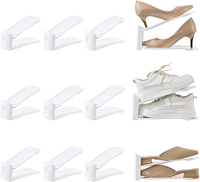 12 Pack Shoe Slots Organizer Adjustable Level Shoe Stacker Holder Storage Space Saving Sneakers Display Tray Rack for Closet (White, 12Pack)