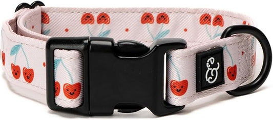 Lucy & Co. Cheery Cherries Dog Collar - Durable Lightweight Designer Collar for Pets - Adjustable Metal Safety Buckel - Red Gingham Cherries - Small