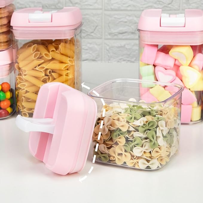 U-QE Airtight Food Storage Container Set-10 Piece BPA Free Clear Plastic Cereal Canisters with Easy Lock Lids-Kitchen & Pantry Organization Containers for Sugar, Flour, Cereal, Labels & Marker(Pink)