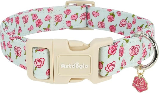 Dog Collar for Large Dogs, Spring &Summer Theme Blue Large Dog Collars with Pink Rose Pattern, Adjustable Puppy Dog Collars, Cute Girl or Boy Dog Collar Ideal for Gifts,Pet Accessory