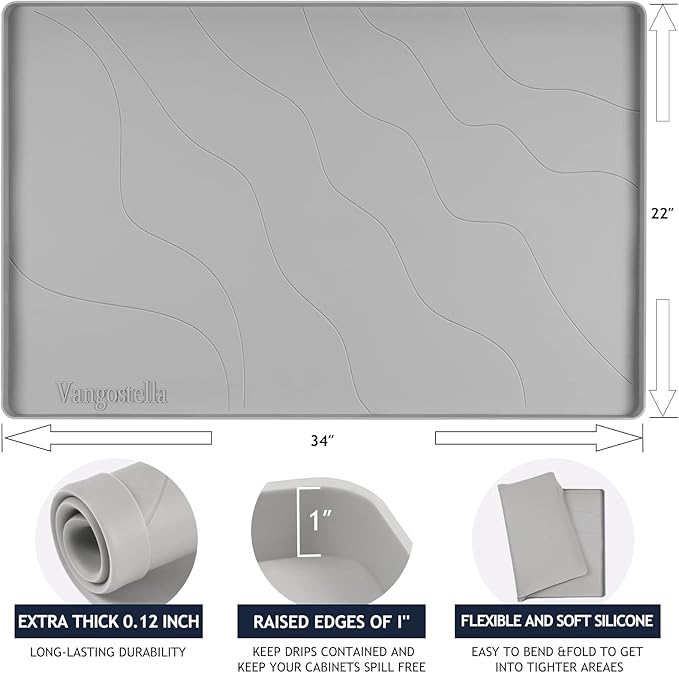 Heavy Duty Silicone Under Sink Mats for Kitchen Waterproof 25" x 22", Extra Thick Under Sink Rubber Mat Drip Tray, Raised Edge Under Sink Liner,Prevent Drips, Leaks, Spills,Grey