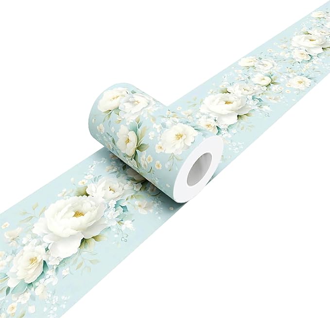 3D Floral Wallpaper Border White Peony Peel and Stick Light Blue Wall Border