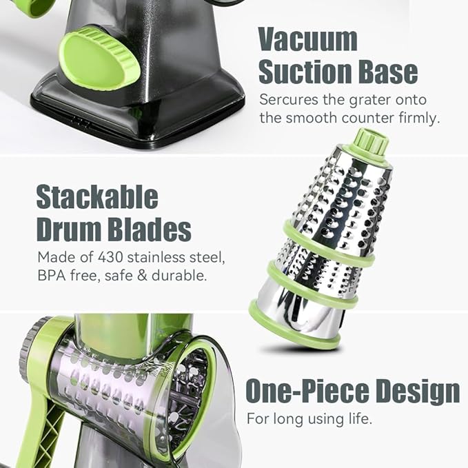 KEOUKE Rotary Cheese Grater Hand Crank Transparent - Shredder Slicer Grinder 3 Stainless Steel Blades, Stable Suction, Labor-Saving Handle, Safe Kitchen Tool for Cheese, Vegetable, Nuts, Chocolate