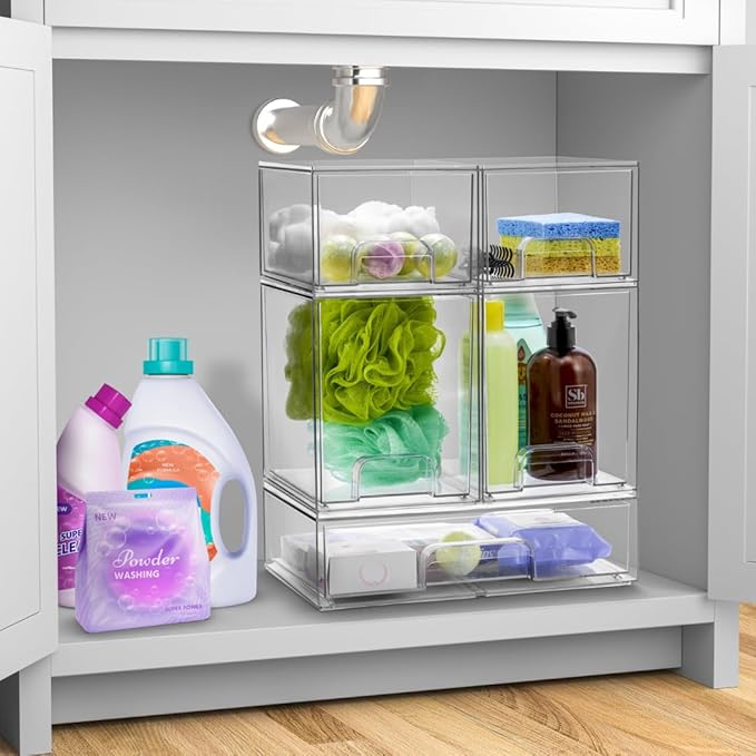 Sorbus Acrylic Storage Containers - 4 Pack, Stackable Storage Bins Set for Bathroom Organization - Clear Acrylic Drawer Organizers - Makeup Case Pull-Out Drawers (7.6’’ Tall)