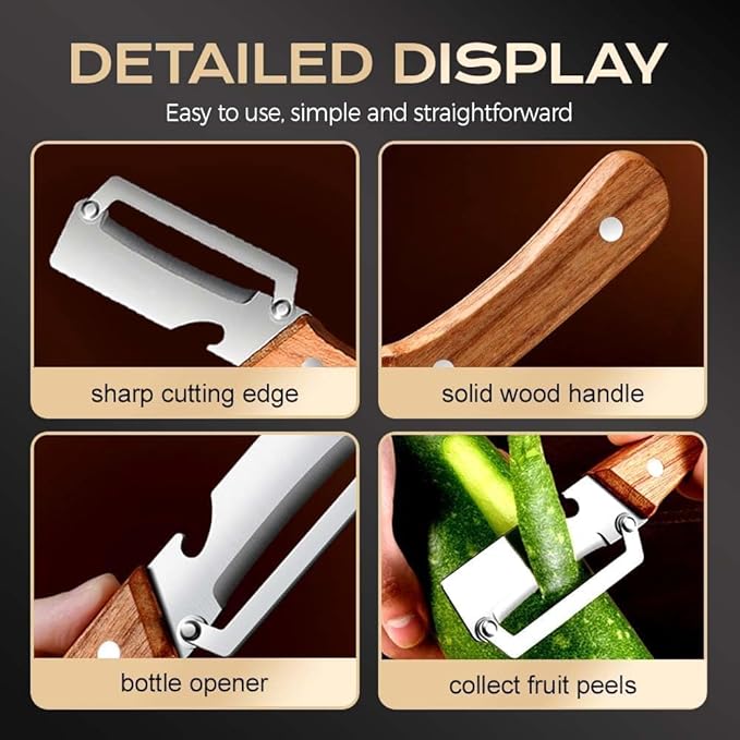 Multifunctional Vegetable Peeler, 2 in 1 Stainless Steel Peeler, Ultra-Sharp Stainless Steel Blade with Wooden Handle and Bottle Opener for Vegetables or Fruits, Kitchen Tool (Wooden)