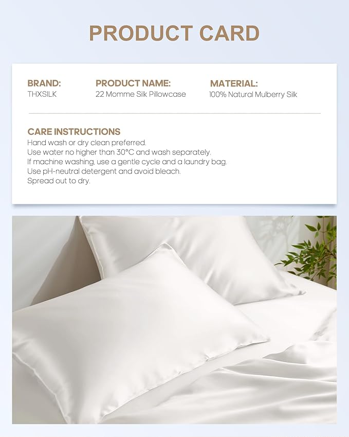 THXSILK Set of 2 100% Mulberry Silk Pillowcase for Hair and Skin, Grade 6A+ Mulberry Silk Pillow Cases 22 Momme, Hypoallergenic Pillow Case Cover with Zipper (California King 20"x40", White)