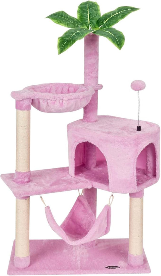 KIYUMI Cat Tree Cat Tower Condo with Sisal Scratching Post for Indoor Cats Tree Furniture with Hammock Perch and Kitten Ball Toys, Multi-Level Pet Activity Center Pink