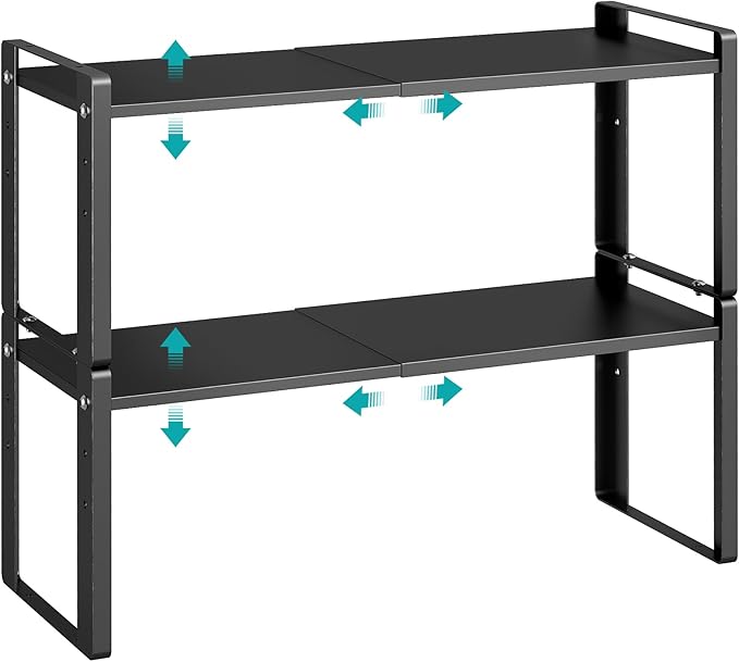 2 Pack Expandable Cabinet Organizer Shelves, 88lbs High Weight Capacity, Stackable Heavy-Duty Metal Storage Rack, Adjustable Cabinet Shelf for Kitchen, Pantry, Cupboard, Under Sink, Black
