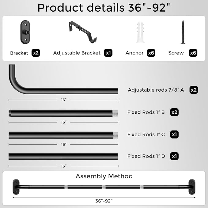 Curtain Rods 36-88 Inch, 1 Inch Adjustable Heavy Duty Room Darkening Window