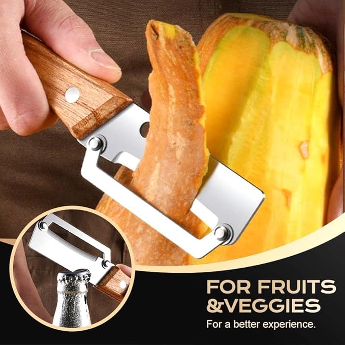 Multifunctional Vegetable Peeler, 2 in 1 Stainless Steel Peeler, Ultra-Sharp Stainless Steel Blade with Wooden Handle and Bottle Opener for Vegetables or Fruits, Kitchen Tool (Wooden)