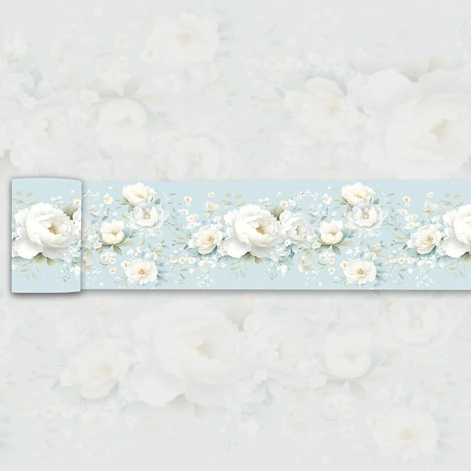 3D Floral Wallpaper Border White Peony Peel and Stick Light Blue Wall Border