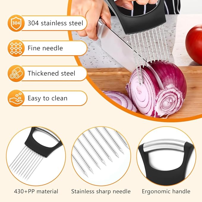 Onion Holder for Slicing, Stainless Steel Onion Slice Holder, Lemon Slicer Vegetable Cutter, Chopper Slicing Assistant for Meat, Onion, Potato, Tomato - Kitchen Tool (2 Piece)