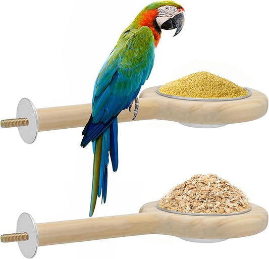 ASOCEA 2 Pack Bird Perch Feeding Cup, Bowls for Cage Wooden Perch Stand Hanging Bowls for Bird Cage Accessory Parrot Wood Perch Stand Toy for Parakeet Lovebird Cockatiel Budgie