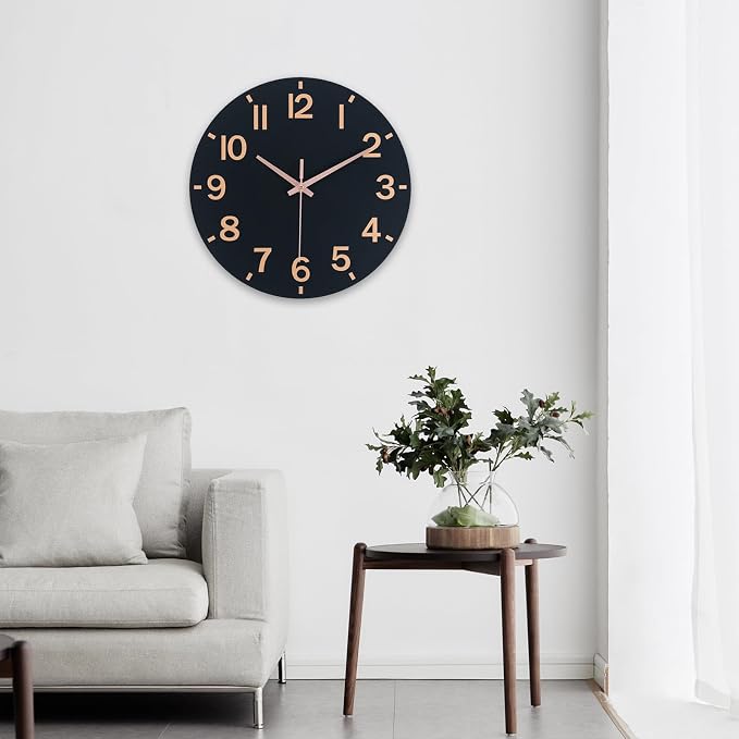 HZDHCLH Wall Clock 8 Inch Silent Non Ticking Wood Battery Operated Black Wooden