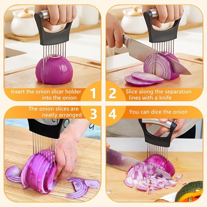 Onion Holder for Slicing, Stainless Steel Onion Slice Holder, Lemon Slicer Vegetable Cutter, Chopper Slicing Assistant for Meat, Onion, Potato, Tomato - Kitchen Tool (2 Piece)