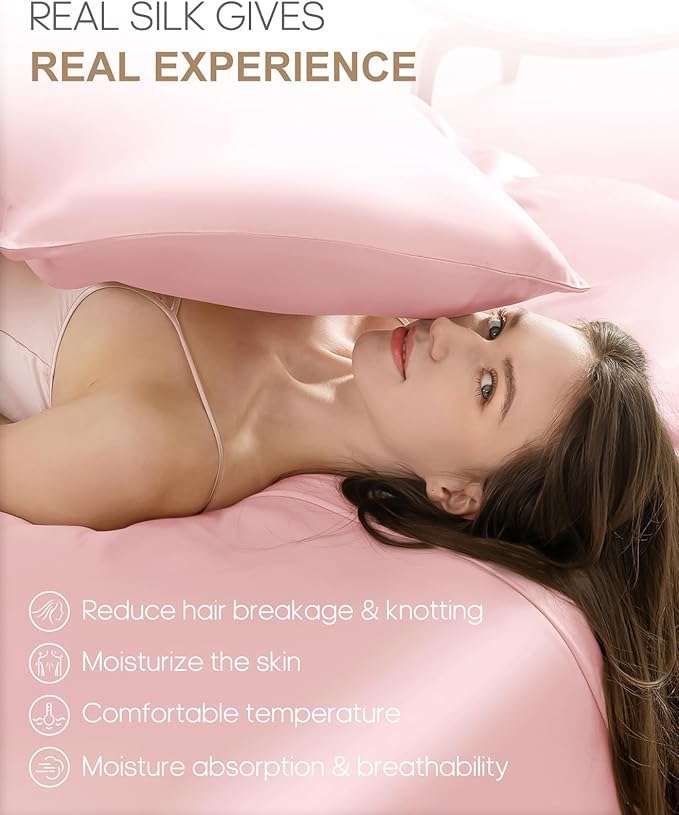 THXSILK Set of 2 100% Mulberry Silk Pillowcase for Hair and Skin Health, 22 Momme Soft and Smooth Pillowcases with Hidden Zipper, Both Sides Premium Grade 6A+ Silk, California King 20"x40", Pink