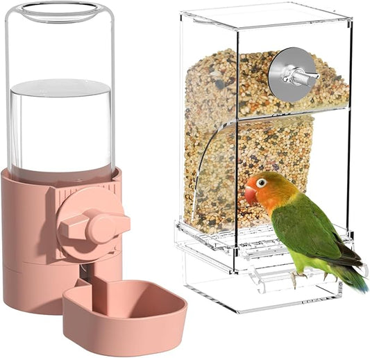 BAGHBPM No Mess Bird Feeder Water Dispenser Set,Automatic Parakeet Feeder Cage Accessories,Parrot Transparent Food Container Drinker for Cage,Canaries Budgies Lovebirds Cockatiels Finches (Pink)