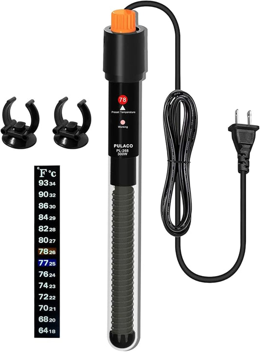 PULACO 300Watt Aquarium Heater for 50-70 Gallon Fish Tank, Adjustable Submersible Heater Thermostat with Thermometer Strip and Suction Cup