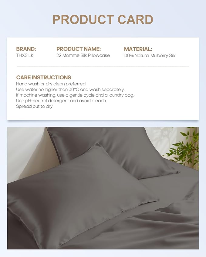 THXSILK 100% Pure Mulberry Silk Pillowcase, 22 Momme 6A+ High-Grade Fibers - Silk Pillowcase for Hair and Skin, King Size Silk Pillow Case with Hidden Zipper - Dark Grey