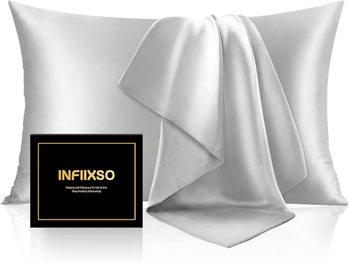 INFIIXSO Mulberry Silk Pillowcase for Hair and Skin, Silk Pillow Cases Queen Size with Hidden Zipper 20x30 Inches, Ultra Smooth and Soft Cooling Pillow Cases for Hot Sleepers(Light Grey, 1 Pack)