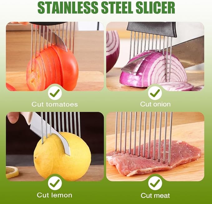 Onion Holder for Slicing, 2025 New Stainless Steel Onion Slicer Holder, Lemon Tomato Onion Cutter, Vegetables Fruit Chopper Kitchen Gadgets Assistant Tool for Meat, Eggs, Onion, Potato, Tomato (1)
