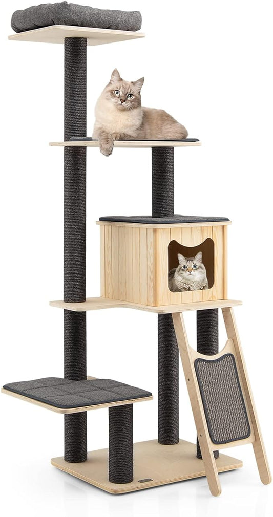 PETSITE 69-inch Tall Wooden Cat Tree Tower, Modern Cat Activity Center Tree with Sisal Scratching Posts & Board, Condo & Top Perch for Indoor Cats, Grey