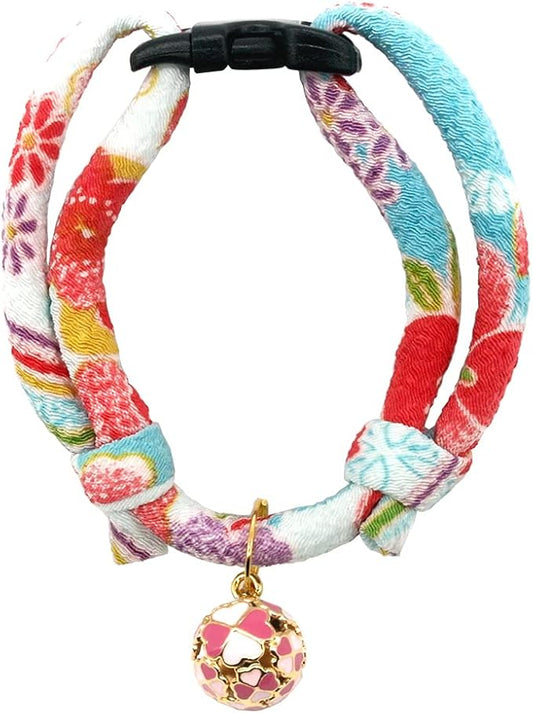 PetSoKoo Four-Leaf Clover Cat Collar with Bell Breakaway Buckle. Japanese Chirimen,Cute Kitten Collar for Girl Boy Cat