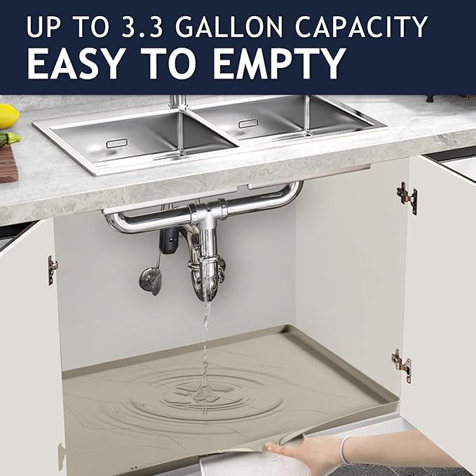 Heavy Duty Silicone Under Sink Mats for Kitchen Waterproof 40" x 22", Extra Thick Under Sink Rubber Mat Drip Tray, Raised Edge Under Sink Liner,Prevent Drips, Leaks, Spills,Brown
