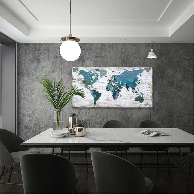 lagre Teal Decor 36inchx71inch World Map Canvas Wall Art Pictures