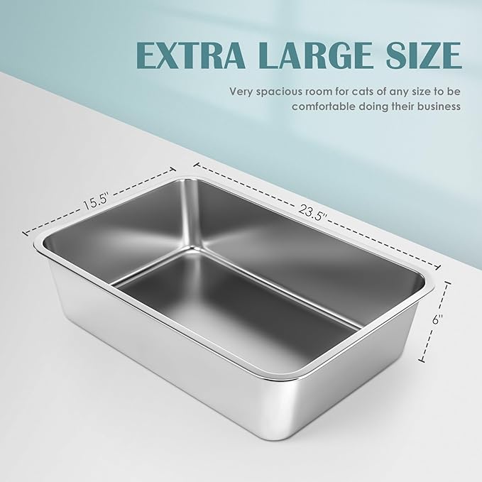 IKITCHEN Stainless Steel Cat Litter Box, Large Metal Litter Box for Cats, Never Absorbs Odors,Stain Free, Rustproof, Non Stick Smooth Surface 23.5" L x 15.5" W x 6" H
