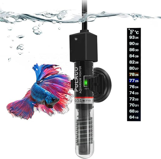 PULACO 25Watt Mini Aquarium Submersible Betta Heater with Free Thermometer Strip for 1-6 Gallon Fish Tanks (Preset Temperature 78℉)
