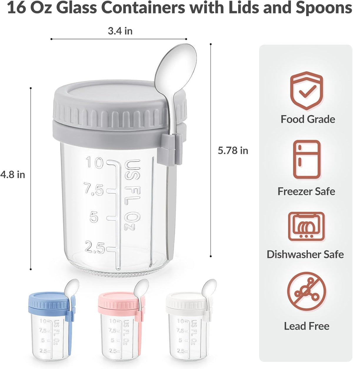 4 Pack Overnight Oats Containers with Lids and Spoons - DRKIO 16 Oz Glass Mason Jars for Overnight Oats Leak Proof Oatmeal Container Great for Cereal Fruit Vegetable Milk Salad Yogurt Meal Prep