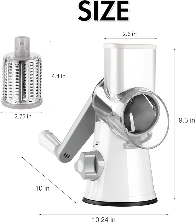 Ourokhome Rotary Cheese Grater Hand Crank, Kitchen Shredder Speed Mandolin Slicer Ice Shaver with Handle and Drum Blades for Cheese, Vegetable, Nuts, Chocolate, Potato, Carrot, 5 Blades, White